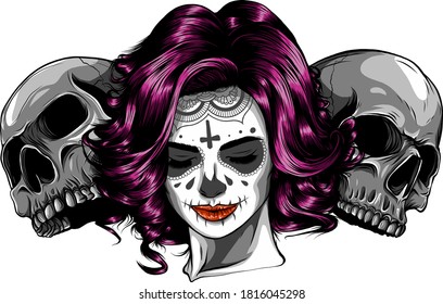 Dead girl with two sugar skulls. vector