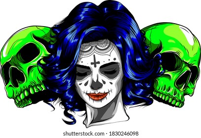 Dead Girl With Two Sugar Skulls. Vector