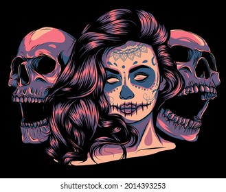 Dead girl with two sugar skulls. vector