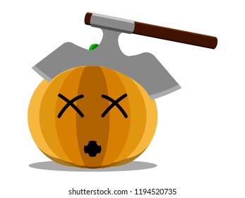 Dead halloween pumpkin with an axe in its head. Vector illustration design