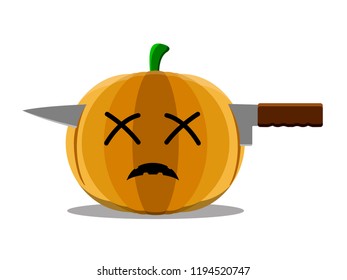 Dead halloween pumpkin with a knife in its head. Vector illustration design