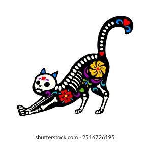 Dead Halloween skeleton, Mexican day of the dead cat animal tattoo. Isolated vector dia de los Muertos kitten sugar skull, feline pets figure stretching it body, filled with bones and floral motifs