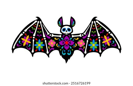 Esqueleto de Halloween muerto, día mexicano del muerto animal murciélago tatuaje cráneo de azúcar. Vector flittermouse con alas extendidas y patrones florales, que simbolizan la noche, el recuerdo y el ciclo de la vida y la muerte