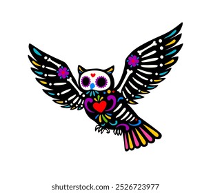 Dead Halloween skeleton, Mexican day of the dead owl bird animal tattoo. Vector flying owl sugar skull with outstretched wings, heart and bones symbolizing remembrance and cycle of life and death