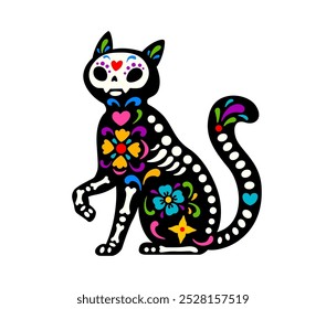 Dead Halloween skeleton, Mexican day of the dead cat animal tattoo. Isolated vector sugar skull dia de los Muertos sitting kitten figure with bones, heart and floral motifs, symbolizes departed pets