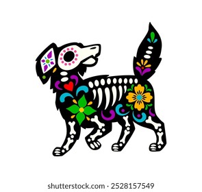 Esqueleto de Halloween morto, dia mexicano da tatuagem animal cão morto. Vetor isolado Dia de los Muertos crânio de açúcar filhote fofo com orelhas flexíveis e cauda balançando, motivos florais vibrantes e ossos