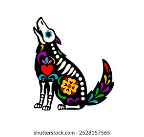 Dead Halloween skeleton, Mexican day of the dead dog animal tattoo. Isolated vector wild howling sugar skull coyote or wolf figure with colorful traditional motifs and bones, celebrating death holiday