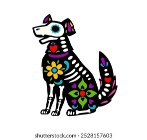 Dead Halloween skeleton, Mexican day of the dead dog animal tattoo, sugar skull pet. Isolated vector Dia de los muertos sitting puppy shape with red heart, vibrant floral motifs and bones pattern