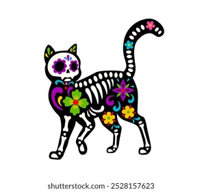 Esqueleto de Halloween muerto, día mexicano del tatuaje del animal gato muerto. La figura del Vector Dia de Los Muertos, con ricos patrones y huesos, celebra la memoria de las mascotas felinas fallecidas