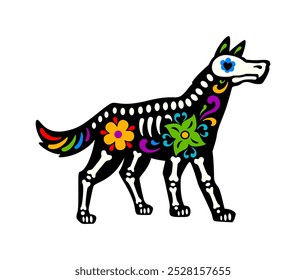 Dead Halloween skeleton, Mexican day of the dead dog animal tattoo. Vector Dia de los muertos sugar skull puppy shape with vibrant floral motifs and bones symbolizing remembrance of deceased pets