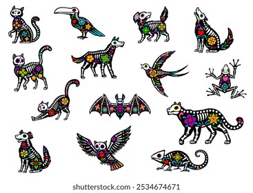 Dead Halloween skeleton, mexican day of the dead animal tattoo with vibrant flowers and traditional art patterns. Vector dia de los Muertos cat, dog, bird and frog, chameleon lizard, puma and bat pets