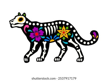 Dead Halloween skeleton for Mexican Day of the Dead, vector coyote animal tattoo. Dia De Los Muertos Mexican holiday coyote with calavera skull, skeleton bones and flowers ornament for ethnic tattoo