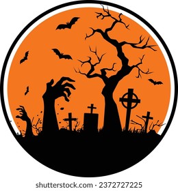 Dead hand silhouette in full moon night in cemetery. Vector round sticker for Halloween party