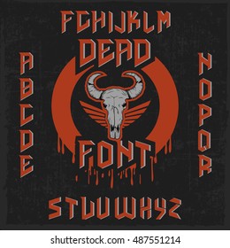 Dead handcrafted font with a head of a bull, dusty background