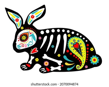 Dead hare, dead rabbit. Day of the Dead (Dia de los Muertos) style bunny. Animals skeleton bunny and hare skulls and skeleton decorated with colorful Mexican elements and flowers. Fiesta, Halloween