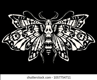 Dead head butterfly. Isolated on a black background. Great for tattoo or print on a T-shirt. Ideal for decoration of Halloween and the Day of the Dead.