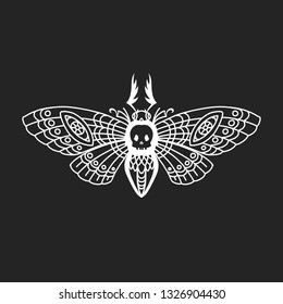 Dead head butterfly. Night insect. Moth isolated on a black background. Hand drawn linear illustration. Great for tattoo, print on a T-shirt, for decoration of Halloween and more.