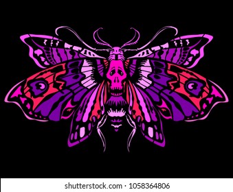 Dead head butterfly in shades of pink. Isolated on a black background. Great for tattoo or print on a T-shirt. Ideal for decoration of Halloween and the Day of the Dead.