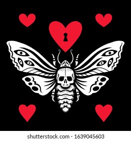 Dead head hawkmoth. Night moth with skull. Butterfly in love. Isolated on black background. Illustration for Halloween. Also great for Valentine's Day.