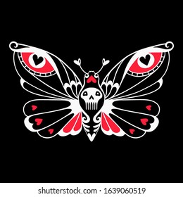 Dead head moth. Night moth with skull. Butterfly in love. Isolated on black background. Illustration for Halloween. Also great for Valentine's Day.