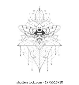 Dead head moth and Sacred geometric symbol on white background. Abstract mystic sign. Black linear shape.