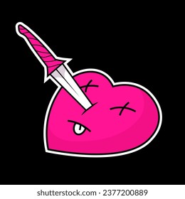 Dead heart with dagger inside. Vector cartoon sticker in the style of Y2K, emo