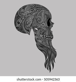 Dead hipster with a beard. The human skull is composed of beautiful patterns