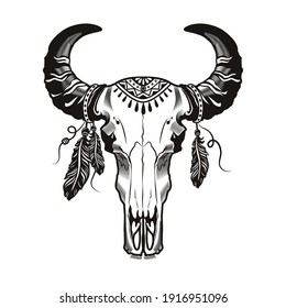 Dead Horny Animal Head Tattoo Design. Monochrome Element With Bull Skull And Red Indian Feathers Vector Illustration. Ethnic Culture Concept For Symbols And Labels Templates