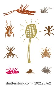 Dead Household Pests With Swatter. Pest Control Vector. Editable Clip Art.