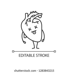 Dead human heart emoji linear icon. Thin line illustration. Cardiovascular system diseases. Unhealthy internal organ. Contour symbol. Vector isolated outline drawing. Editable stroke