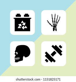 dead icon. 4 dead set with weightlifting, skeleton, skull and car battery vector icons for web and mobile app