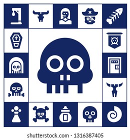 dead icon set. 17 filled dead icons.  Collection Of - Gallow, Coffin, Death, Skull, Jolly roger, Death penalty, Poison, Teleoperator, Ossuary, Yorick, Fishbone, Fossil