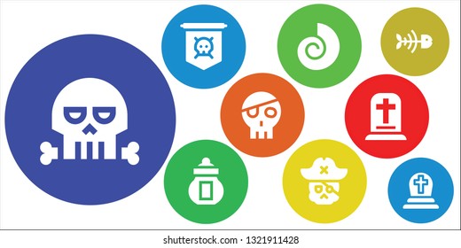 dead icon set. 9 filled dead icons.  Simple modern icons about  - Skull, Jolly roger, Fossil, Ossuary, Gravestone, Fish bone, Cemetery