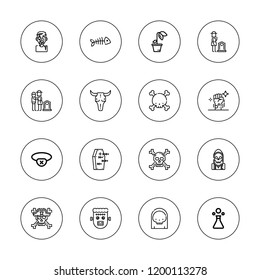 Dead icon set. collection of 16 outline dead icons with bull skull, coffin, death, fish bone, eyepatch, grief, frankenstein, poison, reaper, skull, zombie icons.