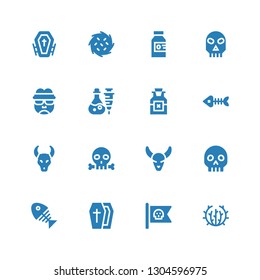 dead icon set. Collection of 16 filled dead icons included Tumbleweed, Pirate flag, Coffin, Fish bone, Skull, Bull skull, Fish bones, Poison, Frankenstein, Funeral
