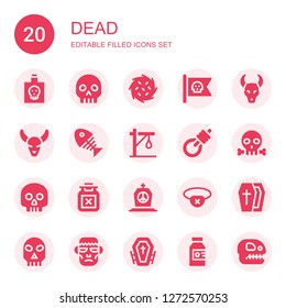 dead icon set. Collection of 20 filled dead icons included Poison, Skull, Tumbleweed, Pirate flag, Bull skull, Fish bone, Gallows, Tombstone, Eyepatch, Coffin, Frankenstein, Funeral