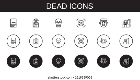 dead icons set. Collection of dead with fishbone, poison, skull, frankenstein, death. Editable and scalable dead icons.