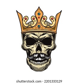 Dead king head for tattoo illustration. Monarchy, death and design concept. Skull in crown flat illustration