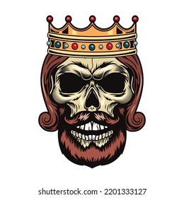 Dead king head for tattoo vector illustration. Monarchy, death and design concept. Skull in crown flat illustration