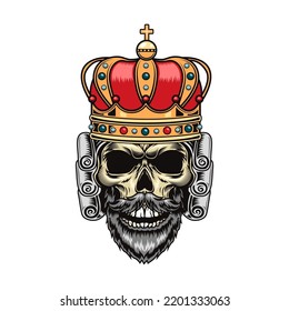 Dead king heads for isolated tattoo vector illustration. Monarchy, death and design concept. Skull in crown flat illustration