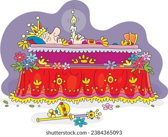 Dead king with his golden crown lying in a coffin decorated with flowers in a royal palace of a fairy tale kingdom, vector cartoon illustration isolated on a white background