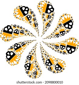 Dead king icon centrifugal burst flower salute shape. Flower burst done from scattered dead king symbols.