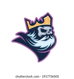 Dead King skull with crown on his head with beard. Modern style mascot logo