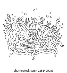 Dead knight with daggers in back. Beautiful dead young girl in water. Swamp nature. Gothic coloring page. Cartoon vector illustration. Outlined artwork. Black and white colors. Isolated. Clipart