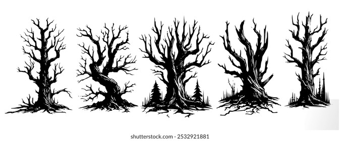 dead leafless trees set. detailed Illustration of scary old crooked trees and branches without leaves. spooky trees set isolated	