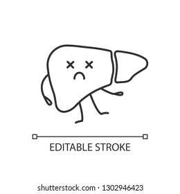Dead liver emoji linear icon. Thin line illustration. Hepatitis, cirrhosis. Unhealthy digestive gland. Liver diseases. Contour symbol. Vector isolated outline drawing. Editable stroke