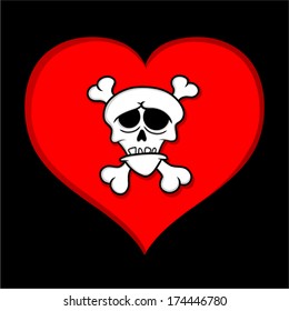 Dead love. Hand drawn skull on heart. 
