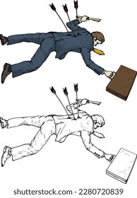 Dead man in business suit holding contract paper   briefcase lying prone and arrows stuck in his back for the concept business failure  isolated against white  Hand drawn vector illustration 