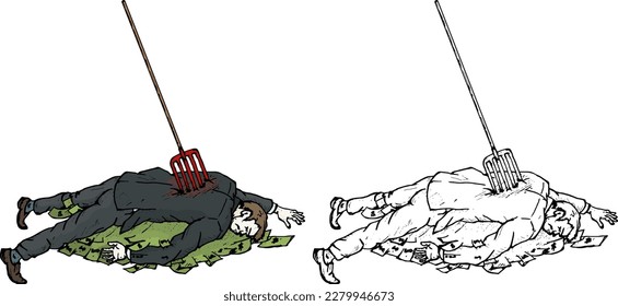 Dead man in business suit lying prone over pile cash and pitchfork stuck in his back for the concept greed kills  isolated against white  Hand drawn vector illustration 