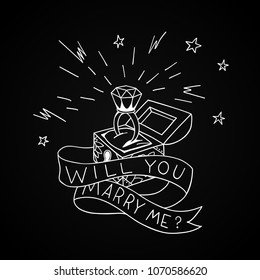 Dead man chest whit a wedding rind with diamond and shiny crown. Will you marry me design in traditional tattoo style. Vector illustration.